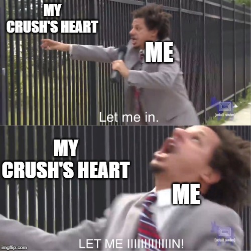 Crush All Around | MY CRUSH'S HEART; ME; MY CRUSH'S HEART; ME | image tagged in let me in,eric andre,2019,crush,funny memes,adult swim | made w/ Imgflip meme maker