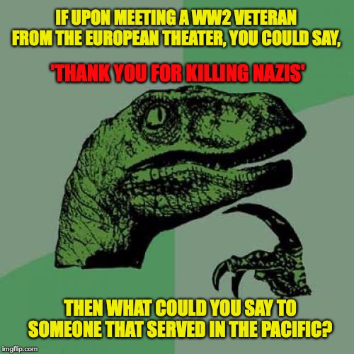 Inspired by a line in the movie "The Week Of" | IF UPON MEETING A WW2 VETERAN FROM THE EUROPEAN THEATER, YOU COULD SAY, 'THANK YOU FOR KILLING NAZIS'; THEN WHAT COULD YOU SAY TO SOMEONE THAT SERVED IN THE PACIFIC? | image tagged in philosoraptor,ww2,nazis,racism,veterans | made w/ Imgflip meme maker