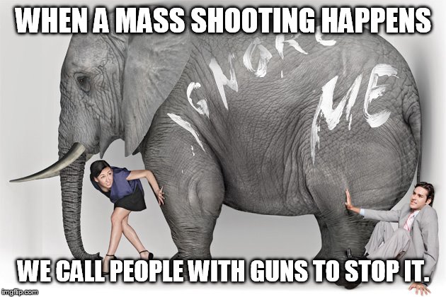 blue guns matter | WHEN A MASS SHOOTING HAPPENS; WE CALL PEOPLE WITH GUNS TO STOP IT. | image tagged in elephant in the room | made w/ Imgflip meme maker