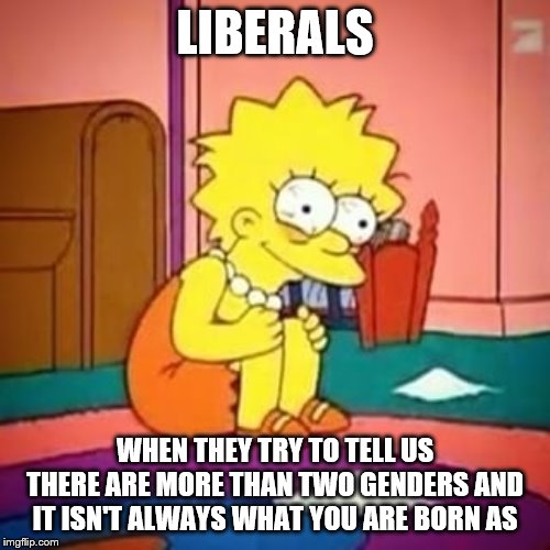 This is a redo. Idk how I didn't notice my mistake until a few moments ago | LIBERALS; WHEN THEY TRY TO TELL US THERE ARE MORE THAN TWO GENDERS AND IT ISN'T ALWAYS WHAT YOU ARE BORN AS | image tagged in lisa simpson,stupid liberals,2 genders | made w/ Imgflip meme maker