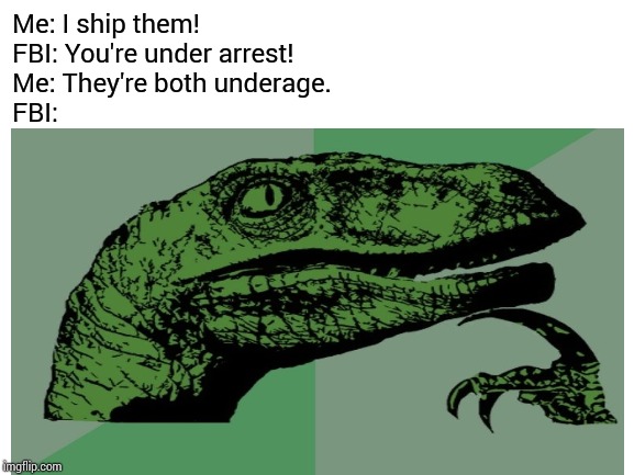 Me: I ship them!
FBI: You're under arrest!
Me: They're both underage.
FBI: | image tagged in why is the fbi here | made w/ Imgflip meme maker
