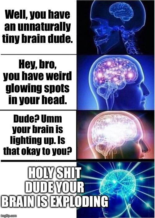 Expanding Brain | Well, you have an unnaturally tiny brain dude. Hey, bro, you have weird glowing spots in your head. Dude? Umm your brain is lighting up. Is that okay to you? HOLY SHIT DUDE YOUR BRAIN IS EXPLODING | image tagged in memes,expanding brain | made w/ Imgflip meme maker
