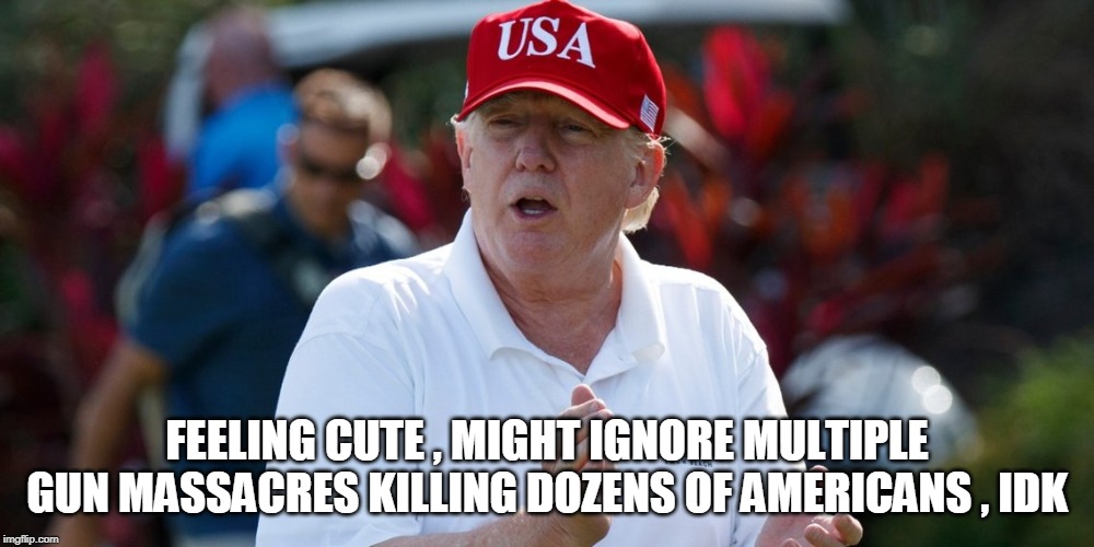 FEELING CUTE , MIGHT IGNORE MULTIPLE GUN MASSACRES KILLING DOZENS OF AMERICANS , IDK | image tagged in trump,gun violence,golfing | made w/ Imgflip meme maker