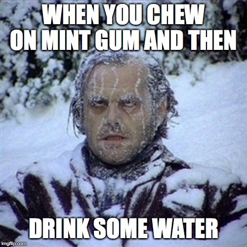 Frozen Guy | WHEN YOU CHEW ON MINT GUM AND THEN; DRINK SOME WATER | image tagged in frozen guy | made w/ Imgflip meme maker