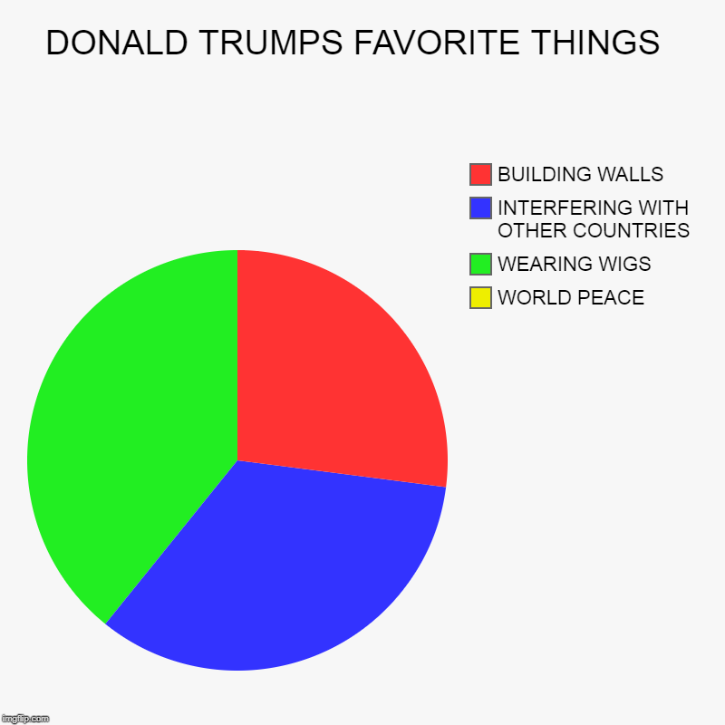 DONALD TRUMPS FAVORITE THINGS  | WORLD PEACE , WEARING WIGS , INTERFERING WITH OTHER COUNTRIES  , BUILDING WALLS | image tagged in charts,pie charts | made w/ Imgflip chart maker