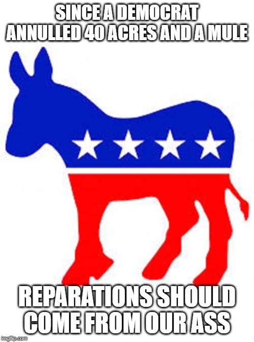 Democrat donkey | SINCE A DEMOCRAT ANNULLED 40 ACRES AND A MULE; REPARATIONS SHOULD COME FROM OUR ASS | image tagged in democrat donkey | made w/ Imgflip meme maker