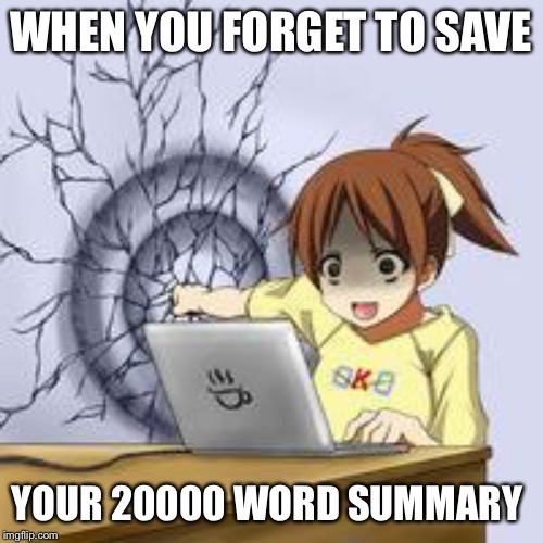 Anime wall punch | WHEN YOU FORGET TO SAVE; YOUR 20000 WORD SUMMARY | image tagged in anime wall punch | made w/ Imgflip meme maker