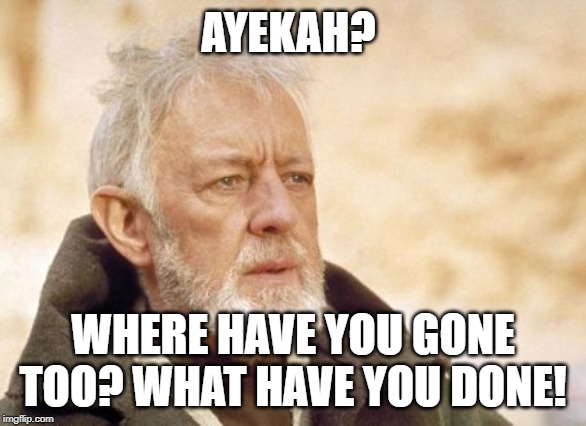 Obi Wan Kenobi Meme | AYEKAH? WHERE HAVE YOU GONE TOO? WHAT HAVE YOU DONE! | image tagged in memes,obi wan kenobi | made w/ Imgflip meme maker