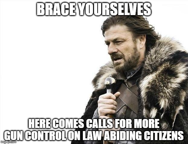 Brace Yourselves X is Coming | BRACE YOURSELVES; HERE COMES CALLS FOR MORE GUN CONTROL ON LAW ABIDING CITIZENS | image tagged in memes,brace yourselves x is coming | made w/ Imgflip meme maker