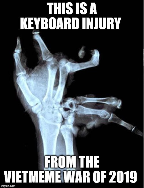 Broken hand | THIS IS A KEYBOARD INJURY FROM THE VIETMEME WAR OF 2019 | image tagged in broken hand | made w/ Imgflip meme maker