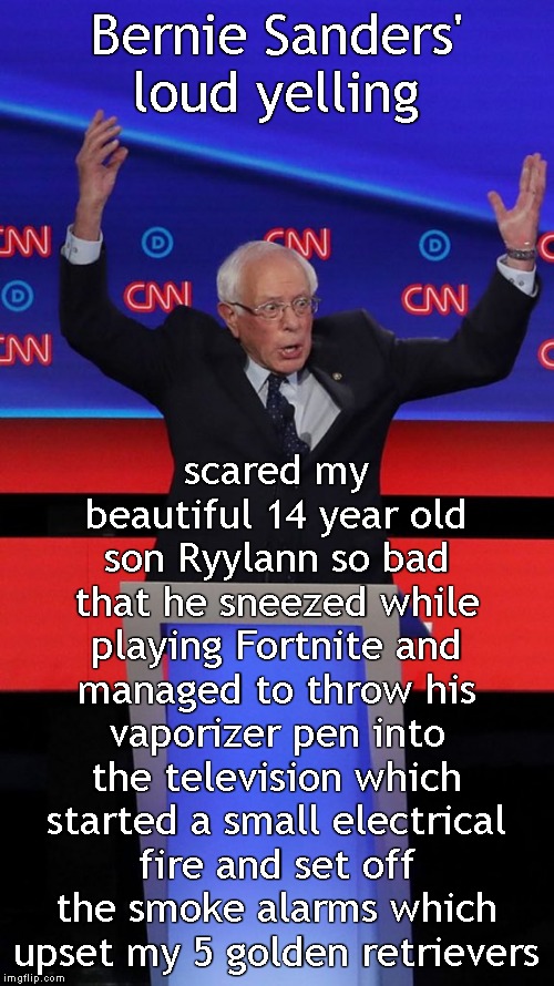 Damn! I hope you have a tornado shelter to hunker down in for the next debate! | Bernie Sanders' loud yelling; scared my beautiful 14 year old son Ryylann so bad that he sneezed while playing Fortnite and managed to throw his vaporizer pen into the television which started a small electrical fire and set off the smoke alarms which upset my 5 golden retrievers | image tagged in memes,debates,democrat debate,bernie sanders,bernie sanders yelling | made w/ Imgflip meme maker