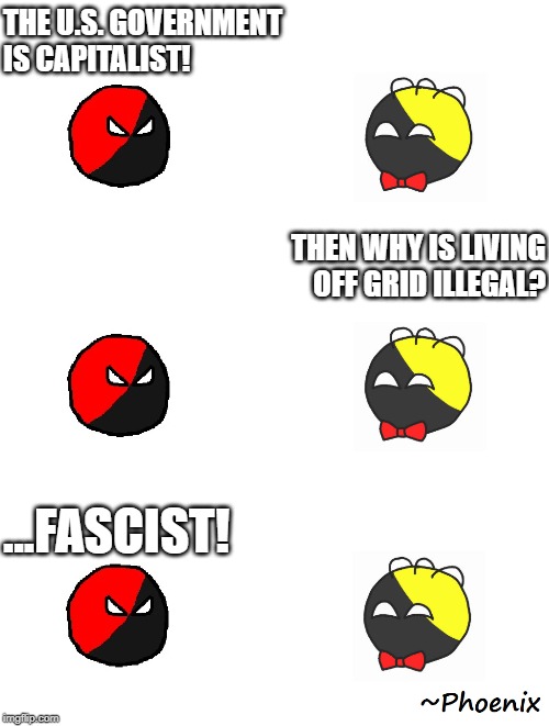 Ancap vs Ancom | THE U.S. GOVERNMENT IS CAPITALIST! THEN WHY IS LIVING OFF GRID ILLEGAL? ...FASCIST! | image tagged in memes,funny memes,the left can't meme,ancap vs ancom,anarchy,capitalism | made w/ Imgflip meme maker