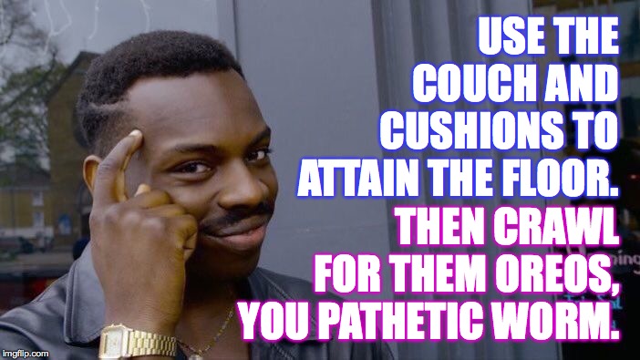Roll Safe Think About It Meme | USE THE COUCH AND CUSHIONS TO ATTAIN THE FLOOR. THEN CRAWL FOR THEM OREOS, YOU PATHETIC WORM. | image tagged in memes,roll safe think about it | made w/ Imgflip meme maker
