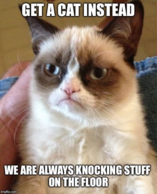 Grumpy Cat Meme | GET A CAT INSTEAD WE ARE ALWAYS KNOCKING STUFF 
ON THE FLOOR | image tagged in memes,grumpy cat | made w/ Imgflip meme maker