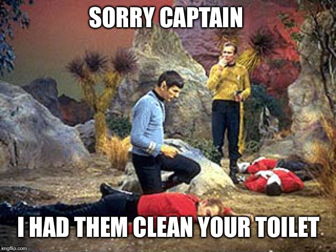 red shirt, dead shirt | SORRY CAPTAIN I HAD THEM CLEAN YOUR TOILET | image tagged in red shirt dead shirt | made w/ Imgflip meme maker