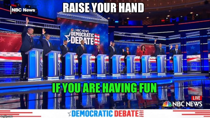 Democrat Debates Raise Hands | RAISE YOUR HAND IF YOU ARE HAVING FUN | image tagged in democrat debates raise hands | made w/ Imgflip meme maker