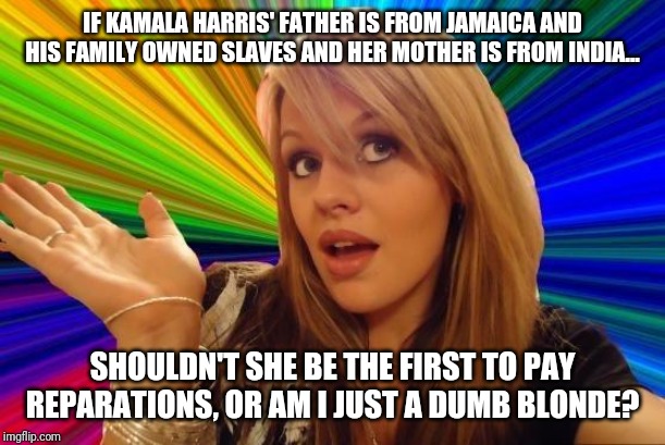Dumb Blonde Meme | IF KAMALA HARRIS' FATHER IS FROM JAMAICA AND HIS FAMILY OWNED SLAVES AND HER MOTHER IS FROM INDIA... SHOULDN'T SHE BE THE FIRST TO PAY REPARATIONS, OR AM I JUST A DUMB BLONDE? | image tagged in memes,dumb blonde | made w/ Imgflip meme maker