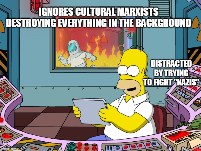 Current threats vs Current "threats" | IGNORES CULTURAL MARXISTS DESTROYING EVERYTHING IN THE BACKGROUND; DISTRACTED BY TRYING TO FIGHT "NAZIS" | image tagged in homer simpson,memes,political meme,political correctness,left wing,distraction | made w/ Imgflip meme maker