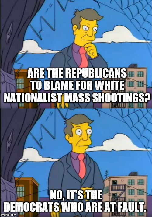 Skinner Out Of Touch | ARE THE REPUBLICANS TO BLAME FOR WHITE NATIONALIST MASS SHOOTINGS? NO, IT'S THE DEMOCRATS WHO ARE AT FAULT. | image tagged in skinner out of touch | made w/ Imgflip meme maker