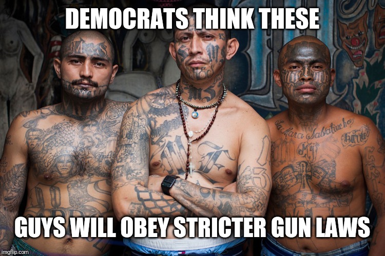 MS-13 | DEMOCRATS THINK THESE; GUYS WILL OBEY STRICTER GUN LAWS | image tagged in ms-13 | made w/ Imgflip meme maker