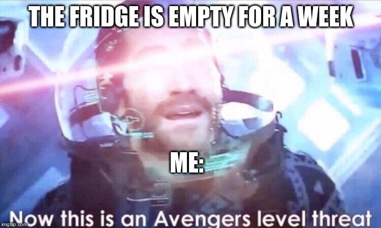 Now this is an avengers level threat | THE FRIDGE IS EMPTY FOR A WEEK; ME: | image tagged in now this is an avengers level threat | made w/ Imgflip meme maker