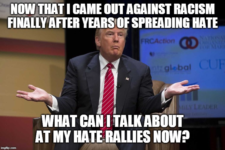 NOW THAT I CAME OUT AGAINST RACISM FINALLY AFTER YEARS OF SPREADING HATE; WHAT CAN I TALK ABOUT AT MY HATE RALLIES NOW? | made w/ Imgflip meme maker