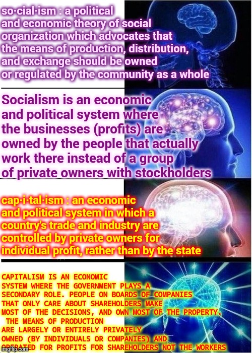 They're Rich Enough.  Are You? | so·cial·ism : a political and economic theory of social organization which advocates that the means of production, distribution, and exchange should be owned or regulated by the community as a whole; Socialism is an economic and political system where the businesses (profits) are owned by the people that actually work there instead of a group of private owners with stockholders; cap·i·tal·ism : an economic and political system in which a country's trade and industry are controlled by private owners for individual profit, rather than by the state; CAPITALISM IS AN ECONOMIC SYSTEM WHERE THE GOVERNMENT PLAYS A SECONDARY ROLE. PEOPLE ON BOARDS OF COMPANIES THAT ONLY CARE ABOUT SHAREHOLDERS MAKE MOST OF THE DECISIONS, AND OWN MOST OF THE PROPERTY. 
 THE MEANS OF PRODUCTION ARE LARGELY OR ENTIRELY PRIVATELY OWNED (BY INDIVIDUALS OR COMPANIES) AND OPERATED FOR PROFITS FOR SHAREHOLDERS NOT THE WORKERS | image tagged in memes,expanding brain,capitalism,socialism,why do you keep voting against your own self interest,people doing all the work deser | made w/ Imgflip meme maker