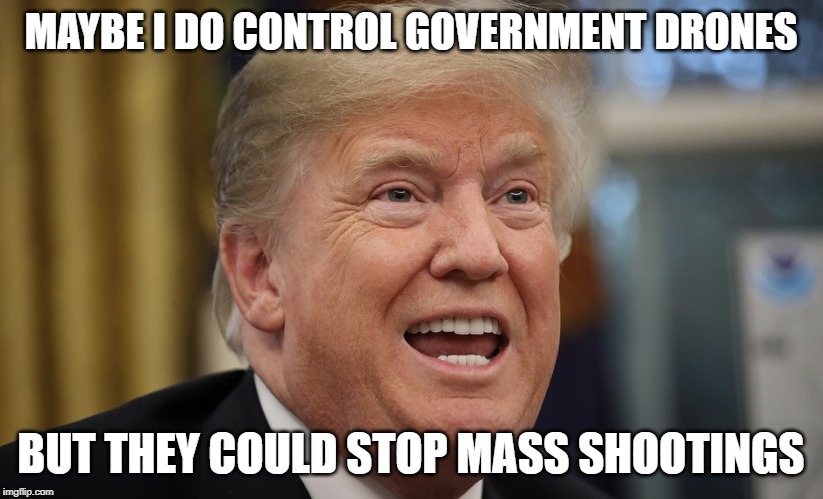 donald trump | MAYBE I DO CONTROL GOVERNMENT DRONES; BUT THEY COULD STOP MASS SHOOTINGS | image tagged in politics | made w/ Imgflip meme maker