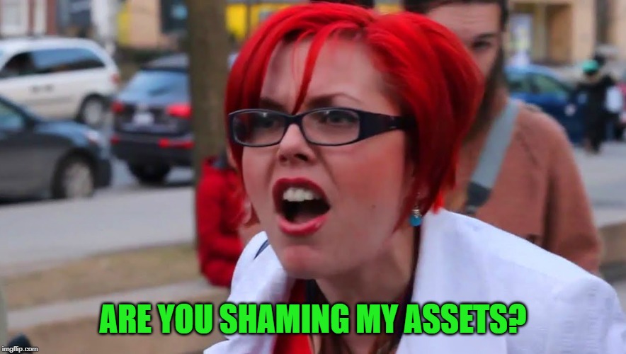Angry feminist red | ARE YOU SHAMING MY ASSETS? | image tagged in angry feminist red | made w/ Imgflip meme maker
