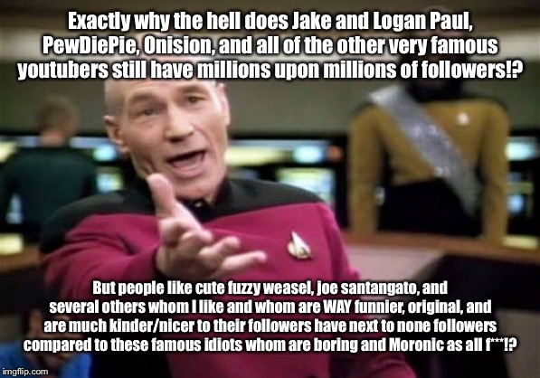 All the famous youtubers do is copy each other and do really shitty mean things unto everyone..... | Exactly why the hell does Jake and Logan Paul, PewDiePie, Onision, and all of the other very famous youtubers still have millions upon millions of followers!? But people like cute fuzzy weasel, joe santangato, and several others whom I like and whom are WAY funnier, original, and are much kinder/nicer to their followers have next to none followers compared to these famous idiots whom are boring and Moronic as all f***!? | image tagged in memes,picard wtf | made w/ Imgflip meme maker