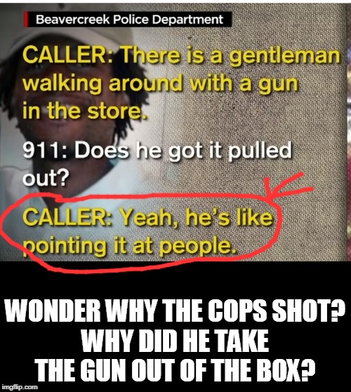WONDER WHY THE COPS SHOT?
WHY DID HE TAKE THE GUN OUT OF THE BOX? | made w/ Imgflip meme maker