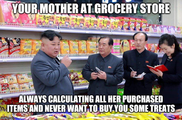 Kim Jong Un Shopping | YOUR MOTHER AT GROCERY STORE; ALWAYS CALCULATING ALL HER PURCHASED ITEMS AND NEVER WANT TO BUY YOU SOME TREATS | image tagged in kim jong un shopping | made w/ Imgflip meme maker