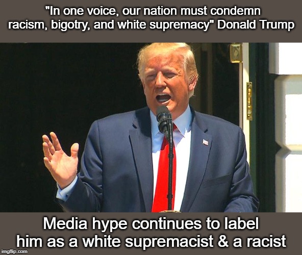 Donald Trump is not a racist | "In one voice, our nation must condemn racism, bigotry, and white supremacy" Donald Trump; Media hype continues to label him as a white supremacist & a racist | image tagged in donald trump,mass shootings,racism | made w/ Imgflip meme maker