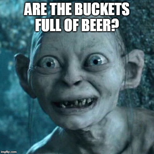 Gollum Meme | ARE THE BUCKETS FULL OF BEER? | image tagged in memes,gollum | made w/ Imgflip meme maker