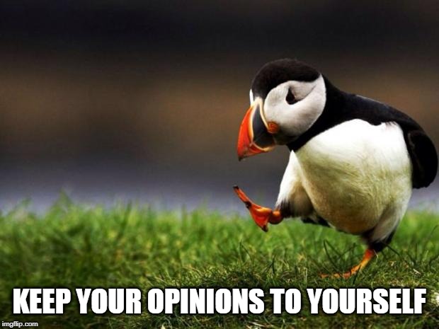 Unpopular Opinion Puffin | KEEP YOUR OPINIONS TO YOURSELF | image tagged in memes,unpopular opinion puffin | made w/ Imgflip meme maker