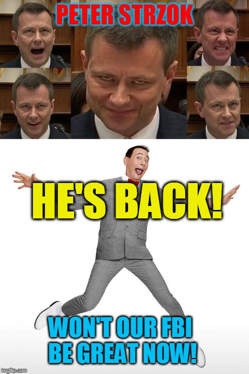 PETER STRZOK; HE'S BACK! WON'T OUR FBI 
BE GREAT NOW! | made w/ Imgflip meme maker