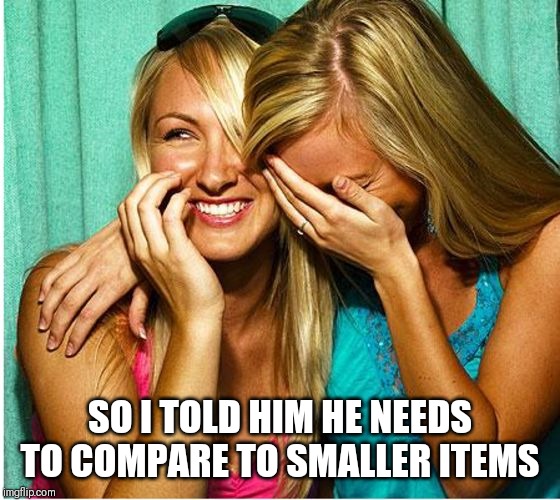 laughing girls | SO I TOLD HIM HE NEEDS TO COMPARE TO SMALLER ITEMS | image tagged in laughing girls,funny memes,dank memes,2019 | made w/ Imgflip meme maker