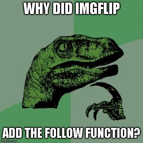 I don't even know how I have a follower, since my memes are so bad. :P | WHY DID IMGFLIP; ADD THE FOLLOW FUNCTION? | image tagged in memes,philosoraptor | made w/ Imgflip meme maker