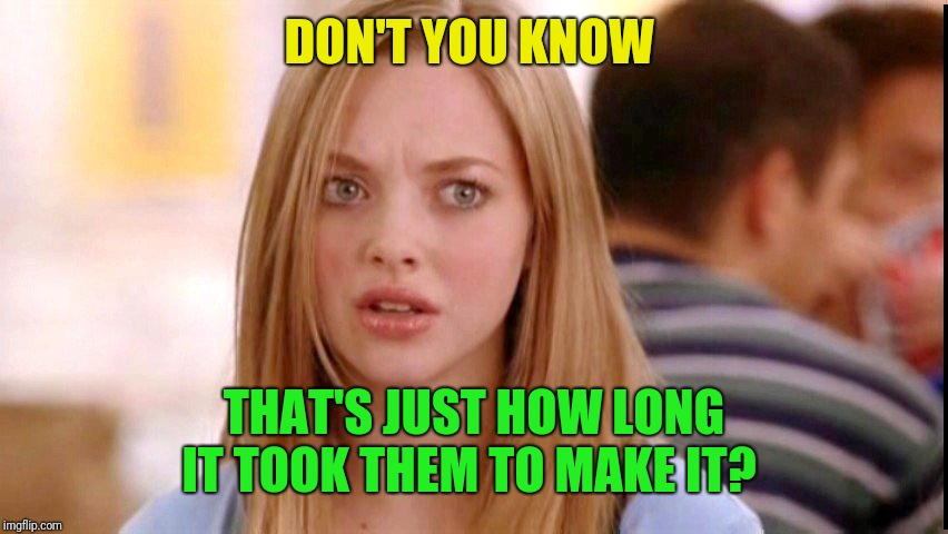 Dumb Blonde | DON'T YOU KNOW THAT'S JUST HOW LONG IT TOOK THEM TO MAKE IT? | image tagged in dumb blonde | made w/ Imgflip meme maker