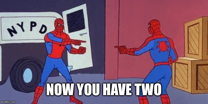 Spider Man Double | NOW YOU HAVE TWO | image tagged in spider man double | made w/ Imgflip meme maker