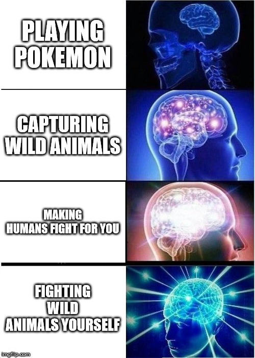 Expanding Brain | PLAYING POKEMON; CAPTURING WILD ANIMALS; MAKING HUMANS FIGHT FOR YOU; FIGHTING WILD ANIMALS YOURSELF | image tagged in memes,expanding brain | made w/ Imgflip meme maker