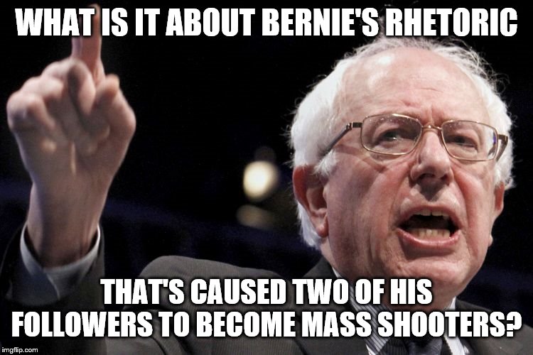 Bernie Sanders | WHAT IS IT ABOUT BERNIE'S RHETORIC; THAT'S CAUSED TWO OF HIS FOLLOWERS TO BECOME MASS SHOOTERS? | image tagged in bernie sanders | made w/ Imgflip meme maker