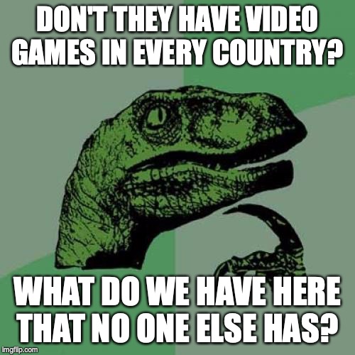 Philosoraptor | DON'T THEY HAVE VIDEO GAMES IN EVERY COUNTRY? WHAT DO WE HAVE HERE THAT NO ONE ELSE HAS? | image tagged in memes,philosoraptor | made w/ Imgflip meme maker