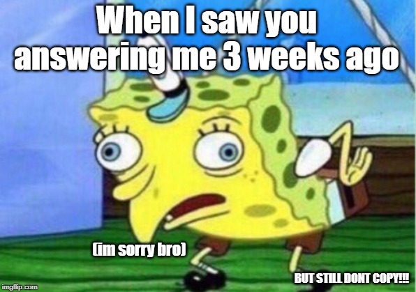 When I saw you answering me 3 weeks ago (im sorry bro) BUT STILL DONT COPY!!! | image tagged in memes,mocking spongebob | made w/ Imgflip meme maker