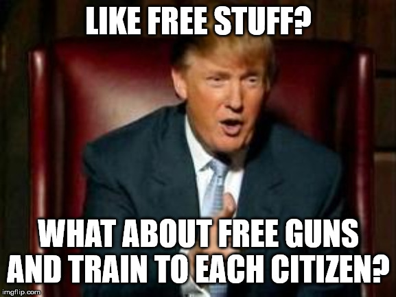 Donald Trump | LIKE FREE STUFF? WHAT ABOUT FREE GUNS AND TRAIN TO EACH CITIZEN? | image tagged in donald trump | made w/ Imgflip meme maker