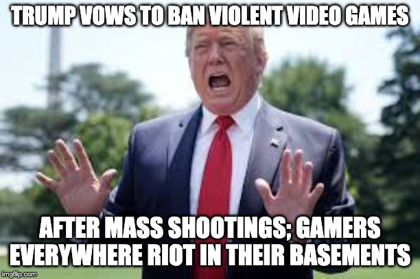 TRUMP VOWS TO BAN VIOLENT VIDEO GAMES; AFTER MASS SHOOTINGS; GAMERS EVERYWHERE RIOT IN THEIR BASEMENTS | image tagged in trump,video games,mass shooting,politics | made w/ Imgflip meme maker