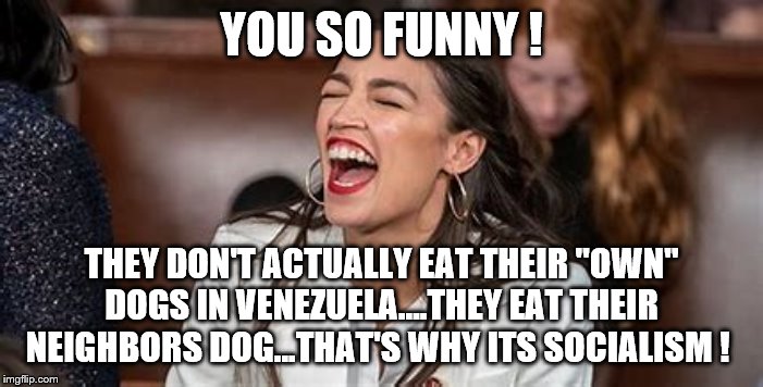 YOU SO FUNNY ! THEY DON'T ACTUALLY EAT THEIR "OWN" DOGS IN VENEZUELA....THEY EAT THEIR NEIGHBORS DOG...THAT'S WHY ITS SOCIALISM ! | image tagged in aoc,socialism,democrats | made w/ Imgflip meme maker