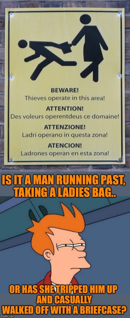 If you be trippin’ I’ll keep this brief, case closed. | image tagged in stupid signs,thieves,x x everywhere,futurama fry,not sure if,purse thieves | made w/ Imgflip meme maker