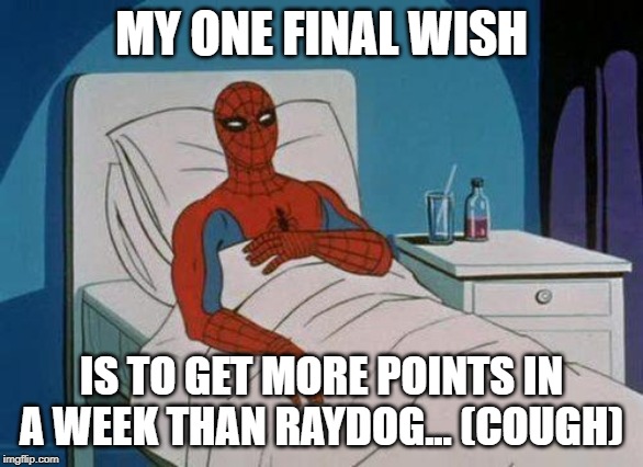Spiderman Hospital |  MY ONE FINAL WISH; IS TO GET MORE POINTS IN A WEEK THAN RAYDOG... (COUGH) | image tagged in memes,spiderman hospital,spiderman | made w/ Imgflip meme maker