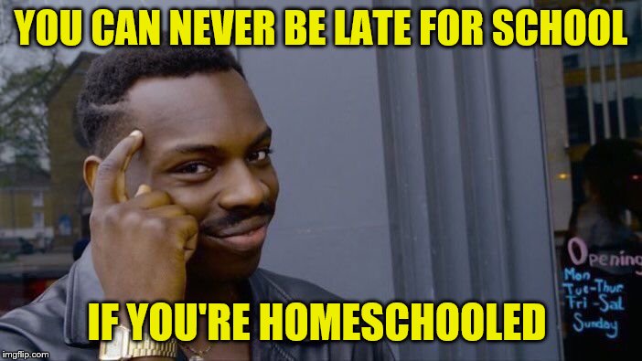 Roll Safe Think About It Meme | YOU CAN NEVER BE LATE FOR SCHOOL; IF YOU'RE HOMESCHOOLED | image tagged in memes,roll safe think about it | made w/ Imgflip meme maker